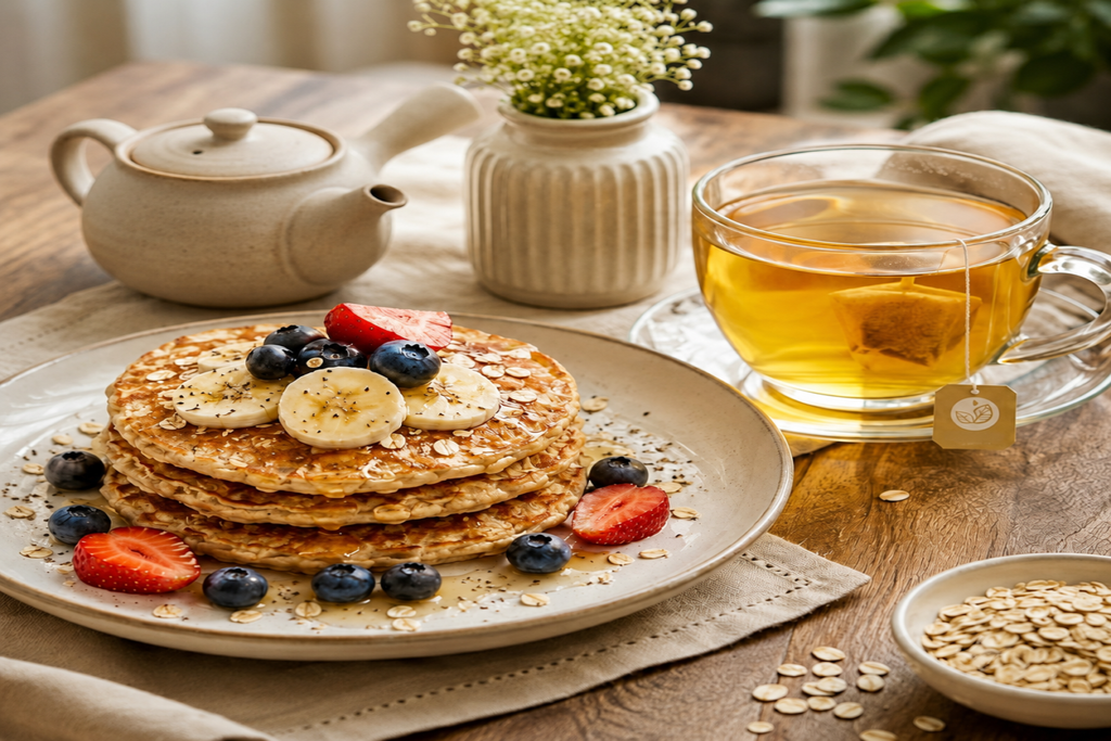 Morning Multivitamin Tea with Oatmeal Pancake : A powerhouse pairing